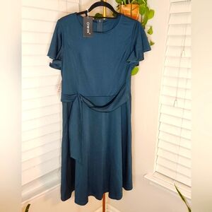 Owin Teal A-Line Midi Dress with Flutter Sleeves